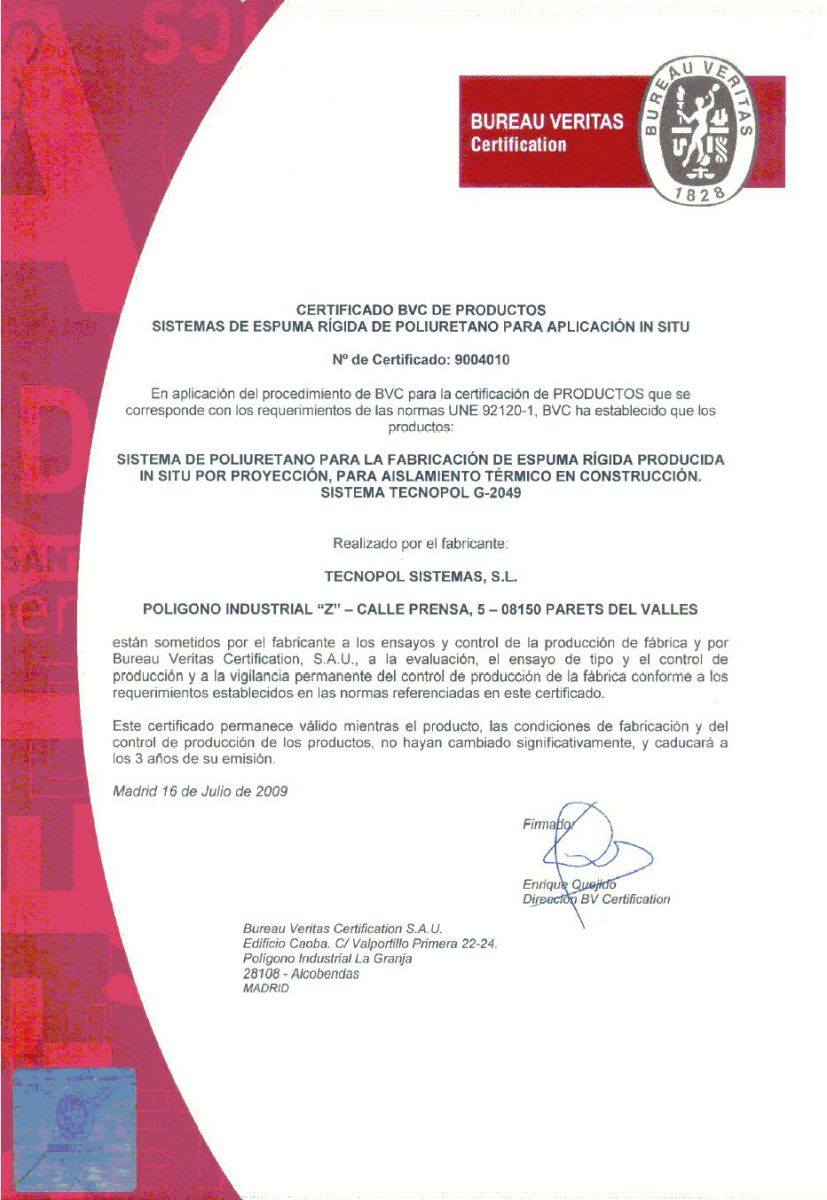 Certificacion Bureau Veritas poliuretano